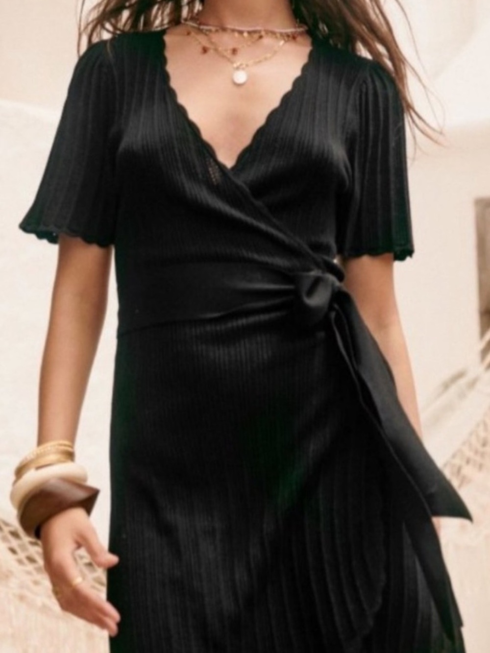 SEZANE Luisa Dress Robe Wrap Scalloped Knit Sweater in Black Size Medium - Picture 5 of 12